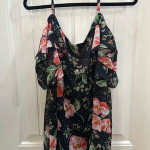 CAbi Blue ruffled floral  with spaghetti straps Large. Whimsy feminine